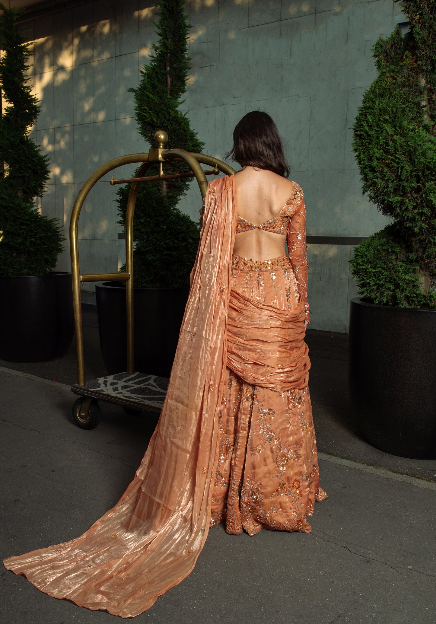 Orange Pre draped saree lehenga