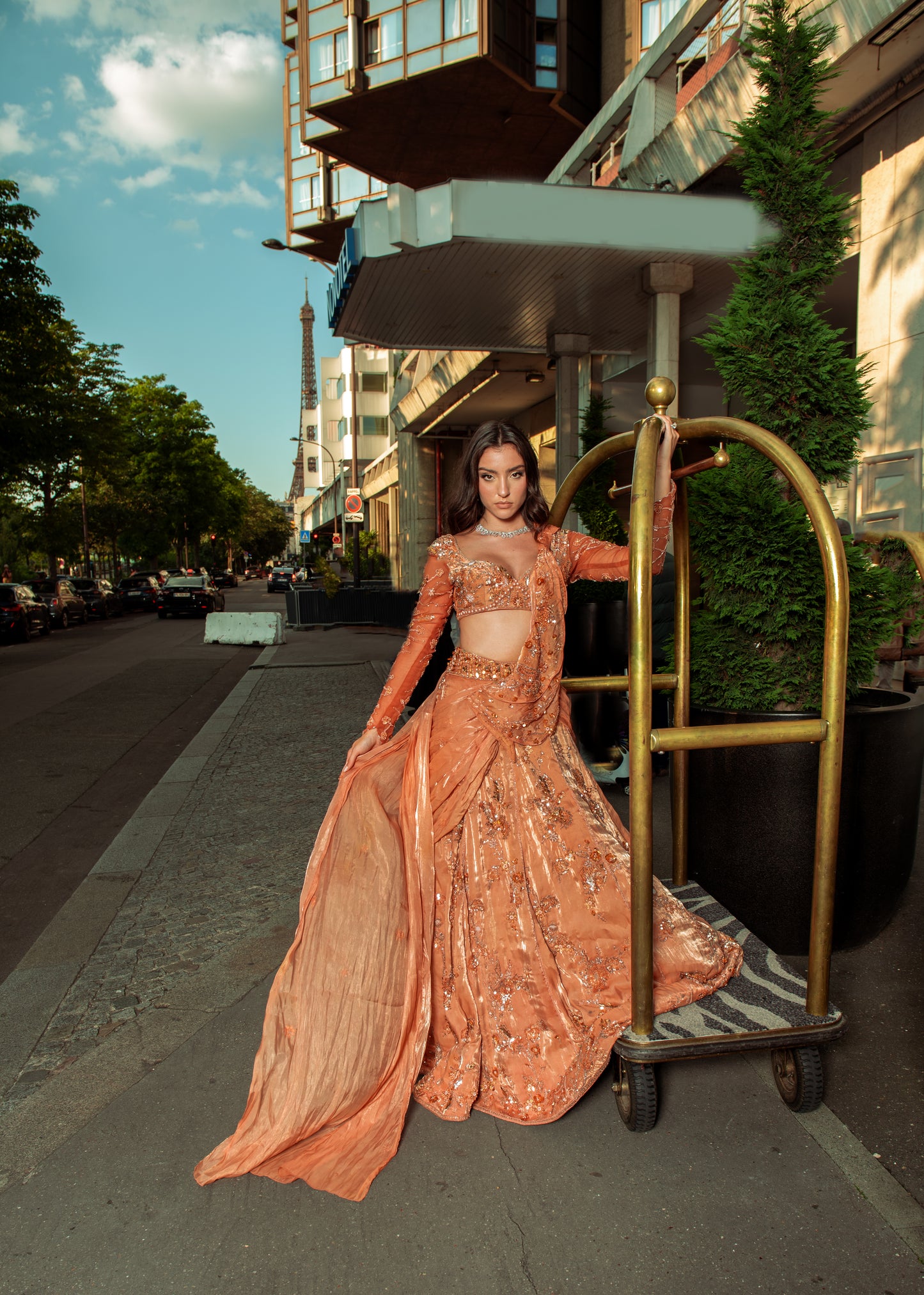 Orange Pre draped saree lehenga