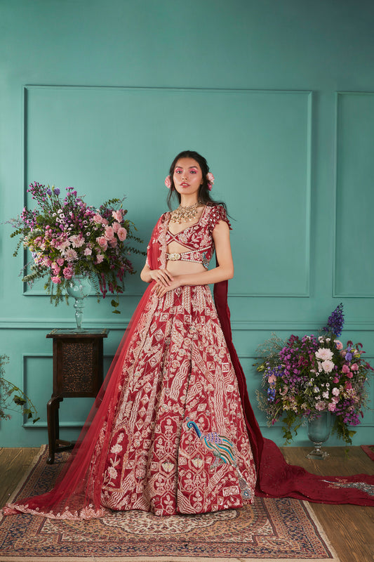 Red Lehenga With Elephant Elements